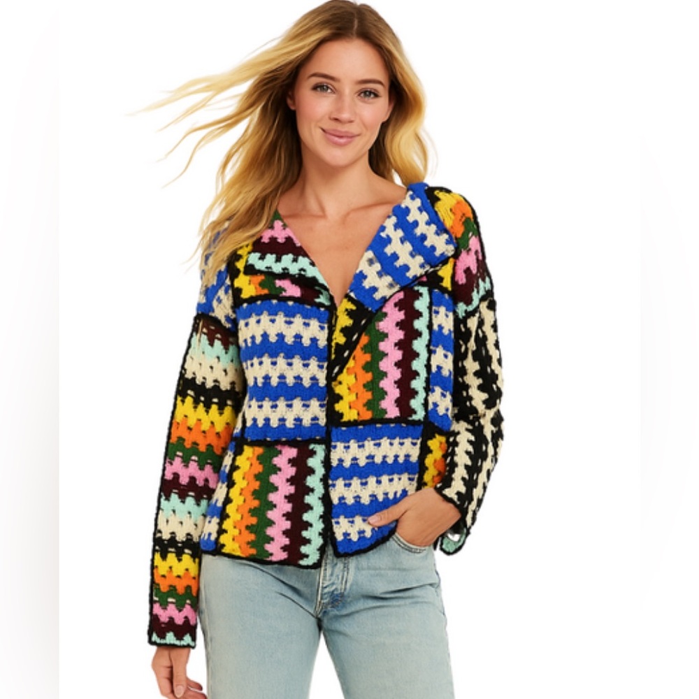 POL Colorful Crocheted Patchwork Open Front Cardigan Sweater Boho Statement - Picture 4 of 9